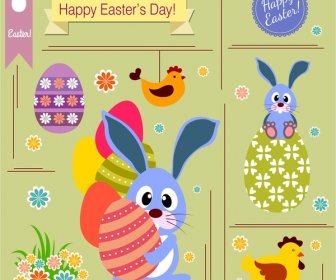 Decoración De La Tarjeta De Pascua Con Conejo Pollo Y Huevos