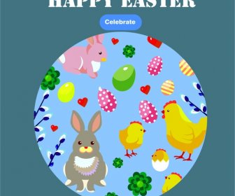 Easter Kartu Template Ilustrasi Dengan Simbol-simbol Di Putaran