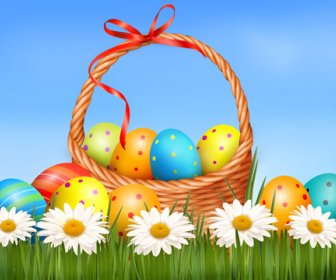 復活節彩蛋和籃子向量
