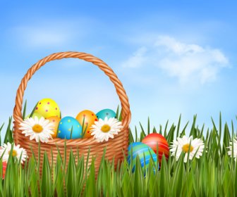 复活节彩蛋和篮子向量