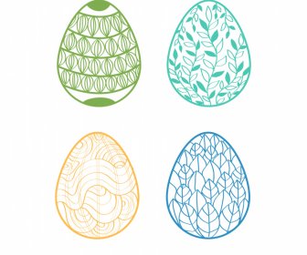 easter eggs icons sets flat classical handdrawn petals leaves curves outline
