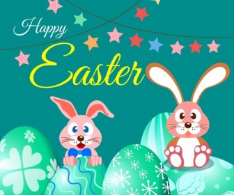 Easter Poster Cute Bunny Green Eggs Stars Decoration