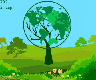 綠色旗幟綠化樹裝潢全球圖標