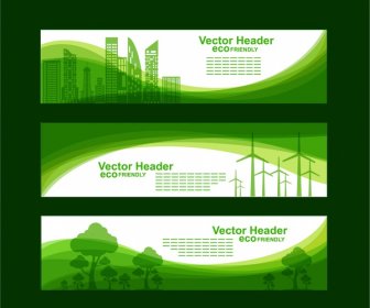 Eco Banner Sets Green City Tree Curves Style