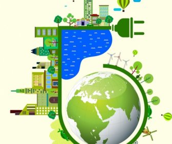 Eco Cidade Infográfico Bandeira Verde Global Plug ícones