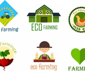 Eco Logo Landwirtschaft Setzt Verschiedene Bunte Symbole Design