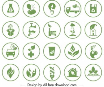 Eco Signos Plantillas Colección De Símbolos Verdes Planos Bosquejo
