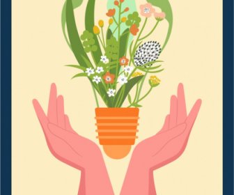 Ecological Banner Template Colorful Classic Flowerpot Hands Sketch