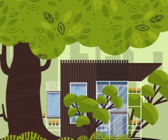 Ecological Home Background Green Trees House Icons Decor