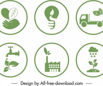 Ecological Signs Templates Green Flat Symbols Sketch
