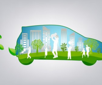 Ecology Background Car Human Icons Silhouette Green Decor