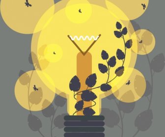 Ecology Background Yellow Lightbulb Leaves Icons Silhouette Decor