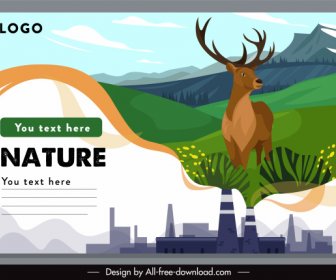 Ecology Banner Contrasted Factory Nature Elements Sketch