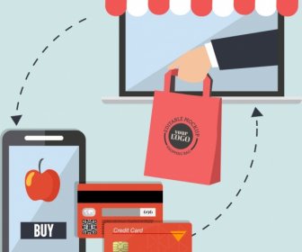 E-Commerce-Konzept Hintergrund Smartphone Kreditkarte Symbole Dekor
