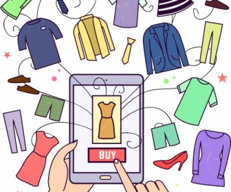 E-Commerce-Hand Smartphones Kleidung Symbole Farbige Karikatur Zeichnung