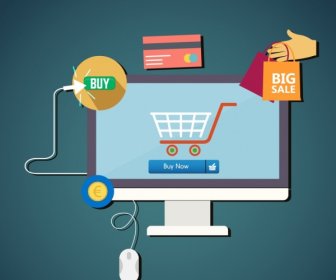 Ecommerce Promotion Banner Computer Cart Icons Flat Design