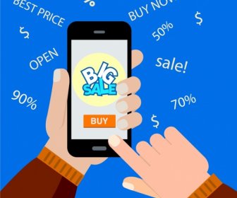 E-Commerce-Umsatz Hintergrund Hand Smartphone Texte Symbole