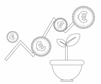 economy design elements houseplant coins line chart flat sketch