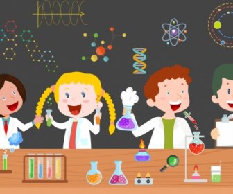 Education Background Children Lab Tools Icons Cartoon Characters