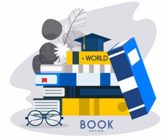 Education Background Template Books Stack Glasses Hat Sketch