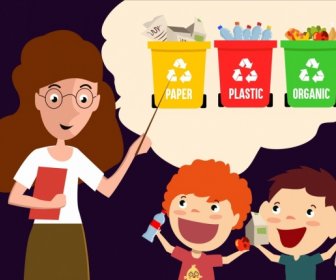 Education Theme Teacher Pupils Plastic Dustbin Icons
