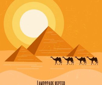 Egipto Advertising Banner Pirámide Camel Sun Desert Iconos