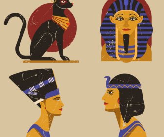 Egypt Design Elements Cat Human Tomb Icons Sketch