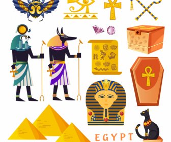 Elemen Desain Mesir Simbol Retro Sketsa Desain Warna-warni