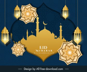  Eid Mubarak Backdrop Template Luxury Golden Temple Silhouette Light Flora Decor