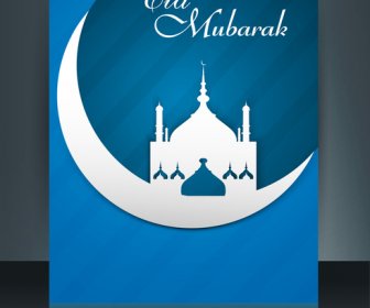 Eid 무바라크 모스크 템플릿 브로셔 축제 아름 다운 반사 화려한 카드 벡터