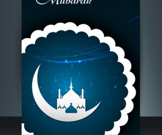 Eid 무바라크 모스크 템플릿 브로셔 축제 아름 다운 반사 화려한 카드 벡터