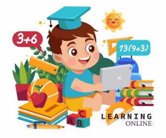 E-Learning Hintergrund Süße Jungen Pädagogische Werkzeuge Cartoon-Design
