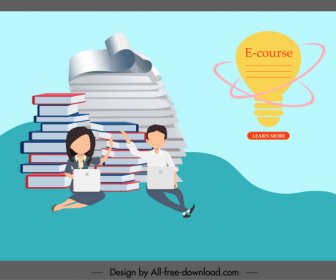 Elearning Poster Lightbulb Books Stack Learners Icons Sketch