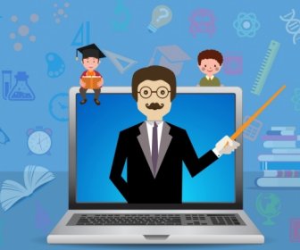 Elektronische Lehrkonzept Hintergrund Laptop-Lehrer-Schüler-Symbole