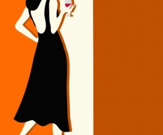 Elegante Schwarze Kleid Design Farbige Cartoon-Stil