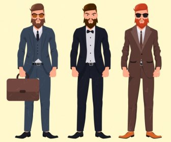 Elegant Men Icons Suit Clothes Colored Cartoon Character
