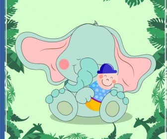 Gajah Latar Belakang Hiasan Daun Lucu Kartun Karakter