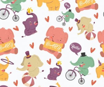 Elephant Background Cute Stylized Cartoon Icons Repeating Design