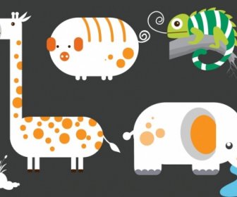 Elephant Giraffe Pig Gecko Icons Flat Colored Design