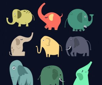 Elephant Icons Collection Colored Cartoon Design