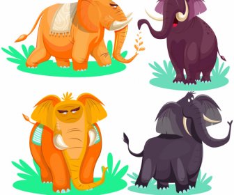 Elephant Icons Colored Cartoon Sketch