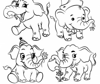 Elefanti Icone Simpatici Personaggi Dei Cartoni Animati Nero Bianco Disegnati A Mano