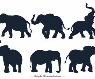 Elephant Icons Flat Black Silhouette Sketch