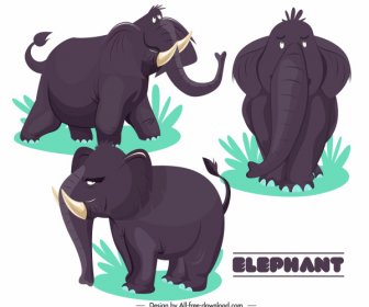 Elephant Icons Funny Cartoon Sketch