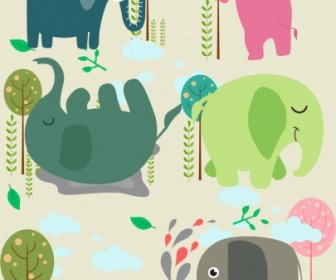Iconos De Elefante Multicolor De Diseño Plano