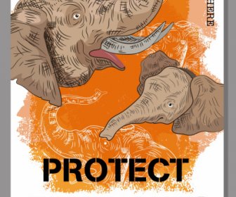코끼리 보호 배너 복고풍 핸드인출 디자인