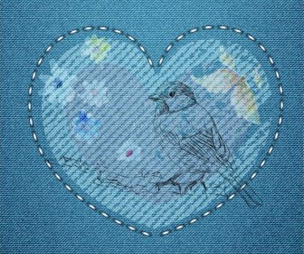 Embroidery Bird And Heart Pattern On Jean Background