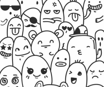Emoticon Background Cute Cartoon Characters Black White Handdrawn