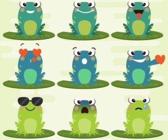 Emoticon Collection Cute Green Frogs Icons Cartoon Design