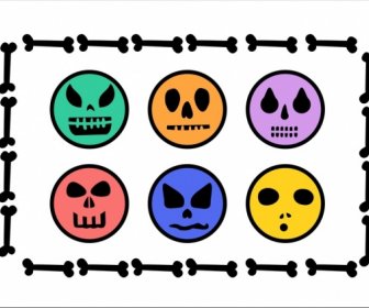Horror De Colección De Emoticonos De Colores Calaveras Diseño Plano